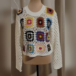 Debut Granny Square Crochet Sweater Boho Multi-Color Open Knit Pullover M